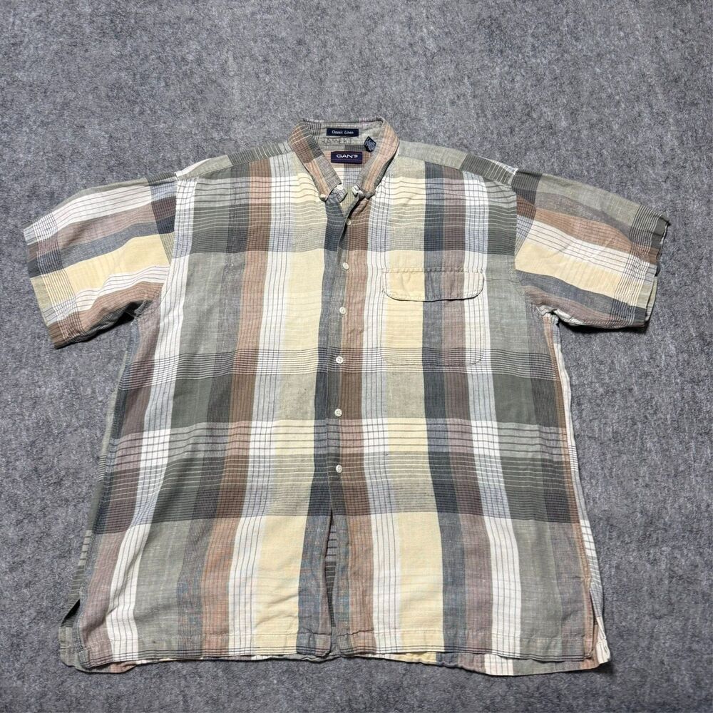 Gant Shirt Mens XL Classic Linen Cotton Blend Short Sleeve Plaid Camp Casual